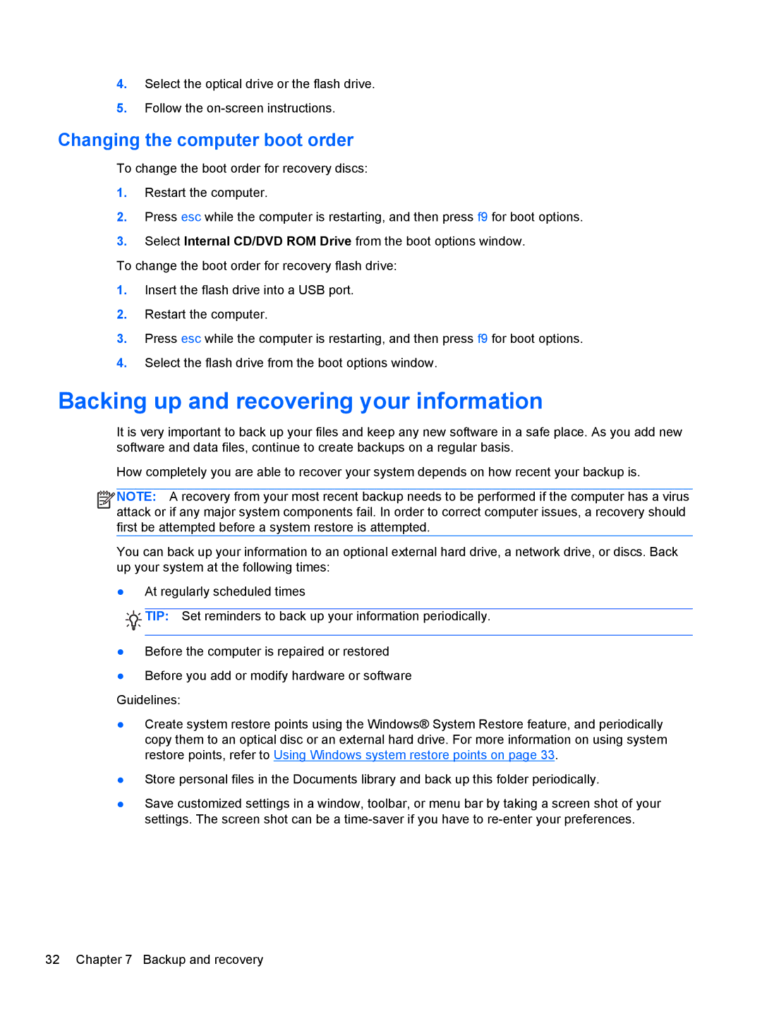 HP g6-1c62us manual Backing up and recovering your information, Changing the computer boot order 