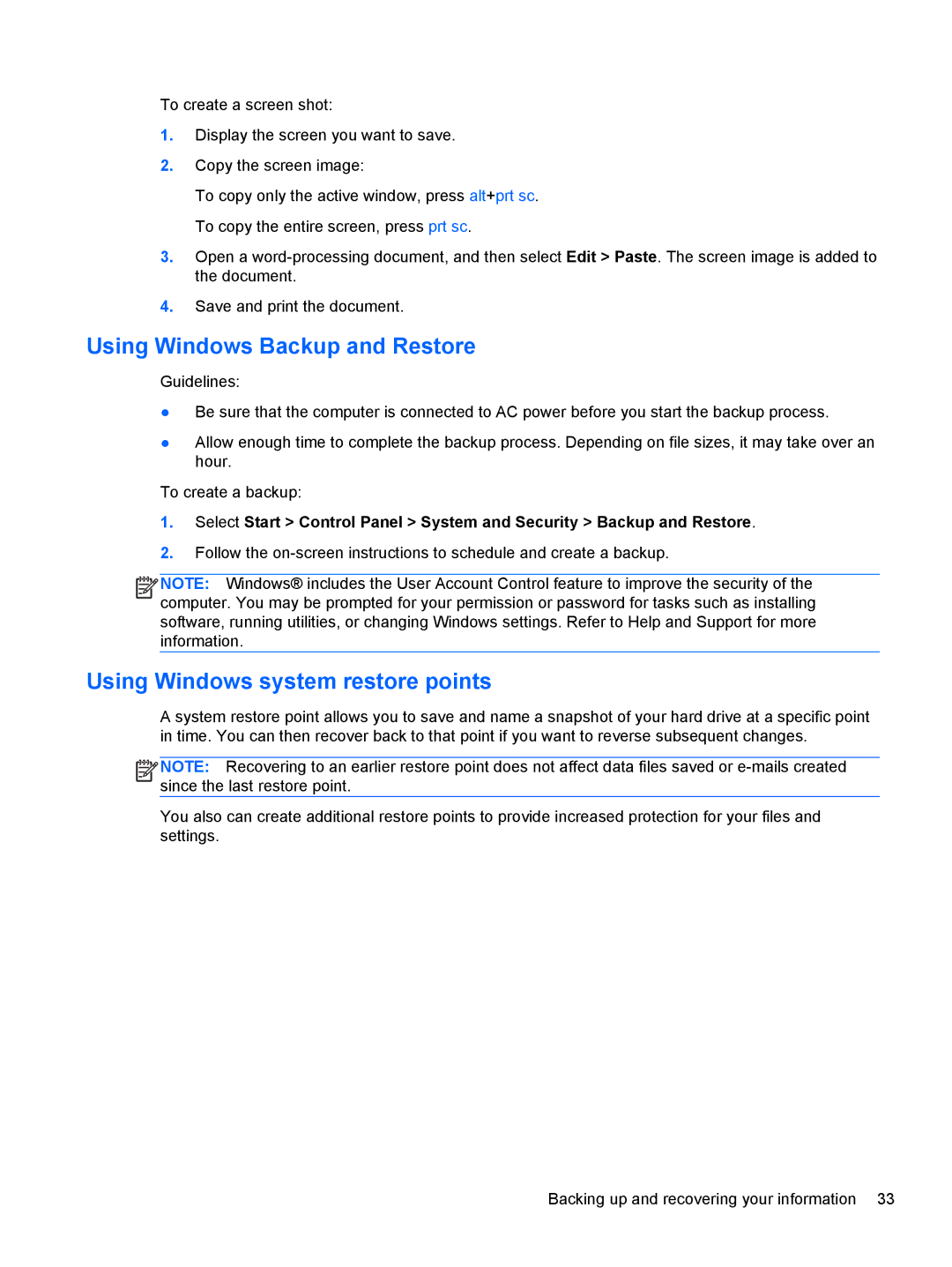 HP g6-1c62us manual Using Windows Backup and Restore, Using Windows system restore points 