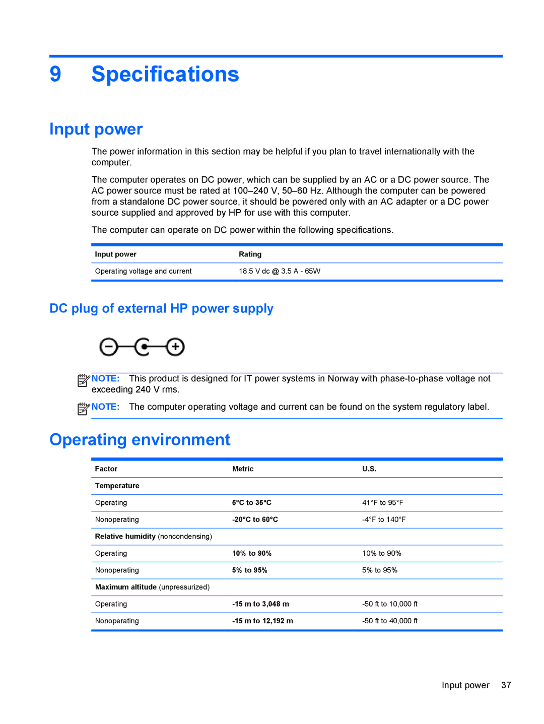 HP g6-1c62us manual Specifications, Input power, Operating environment, DC plug of external HP power supply 