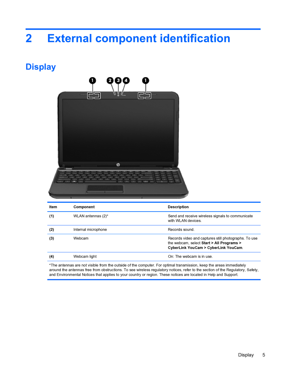 HP g6-2111us manual External component identification, Display, Component Description, Webcam, select Start All Programs 