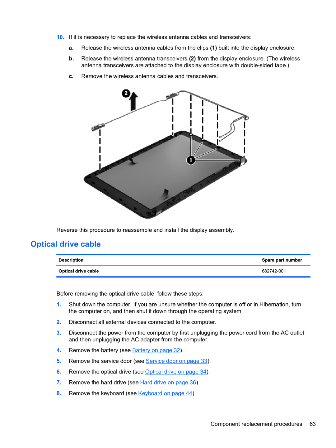 HP g6-2111us manual Description Spare part number Optical drive cable 682742-001 