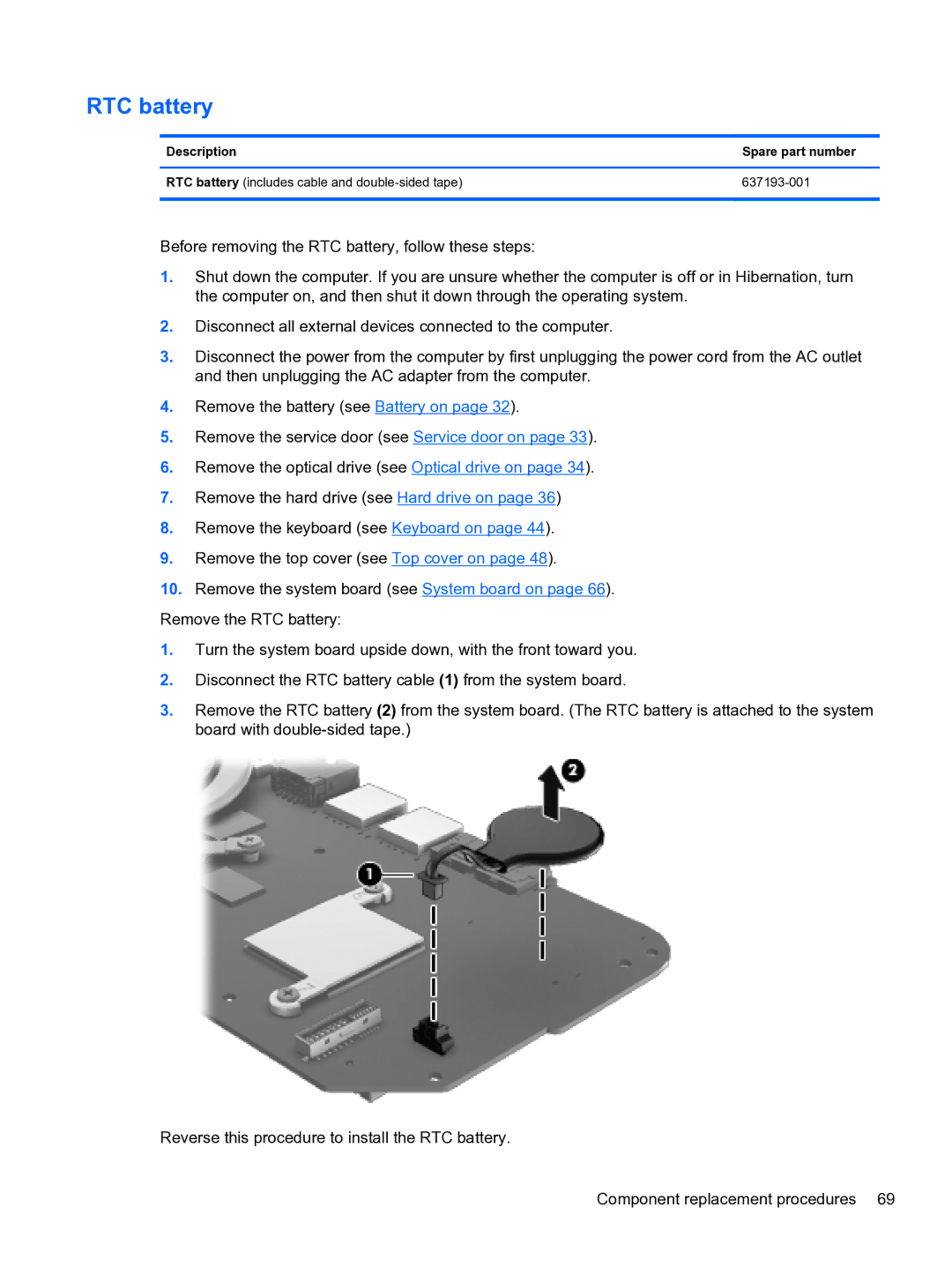 HP g6-2111us manual RTC battery, Description Spare part number 