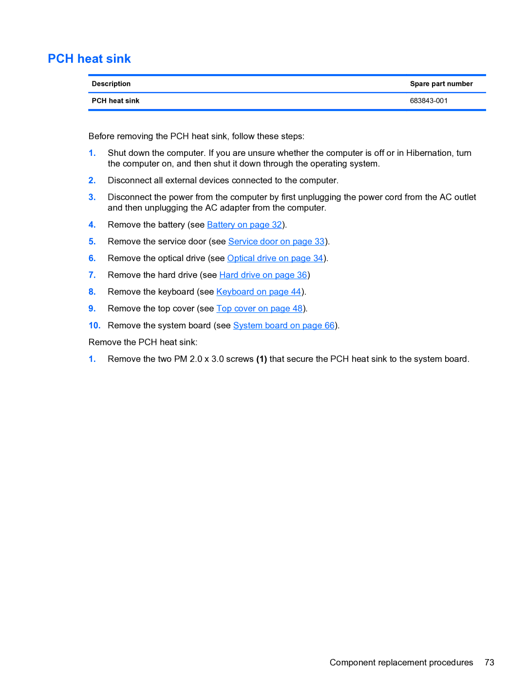 HP g6-2111us manual Description Spare part number PCH heat sink 683843-001 