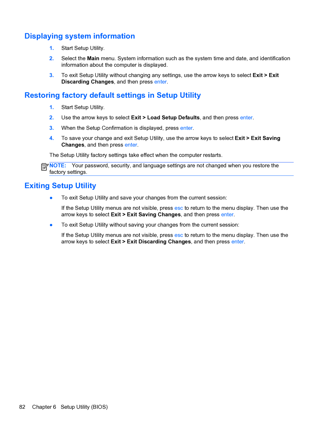 HP g6-2111us Displaying system information, Restoring factory default settings in Setup Utility, Exiting Setup Utility 