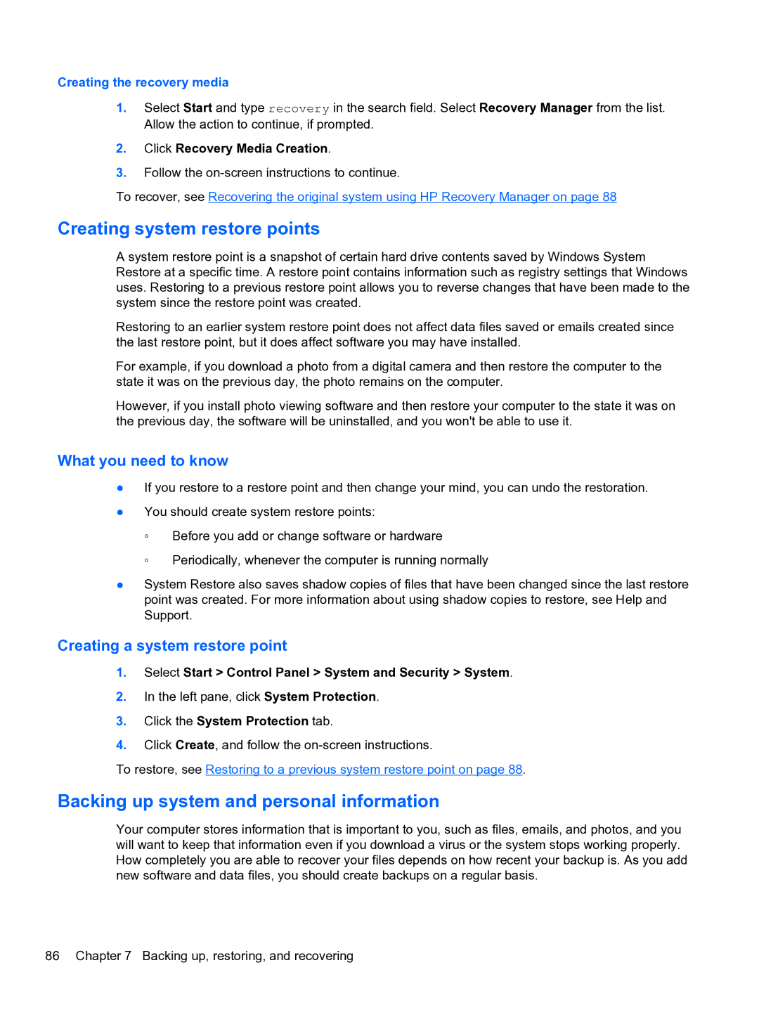 HP g6-2111us manual Creating system restore points, Backing up system and personal information 