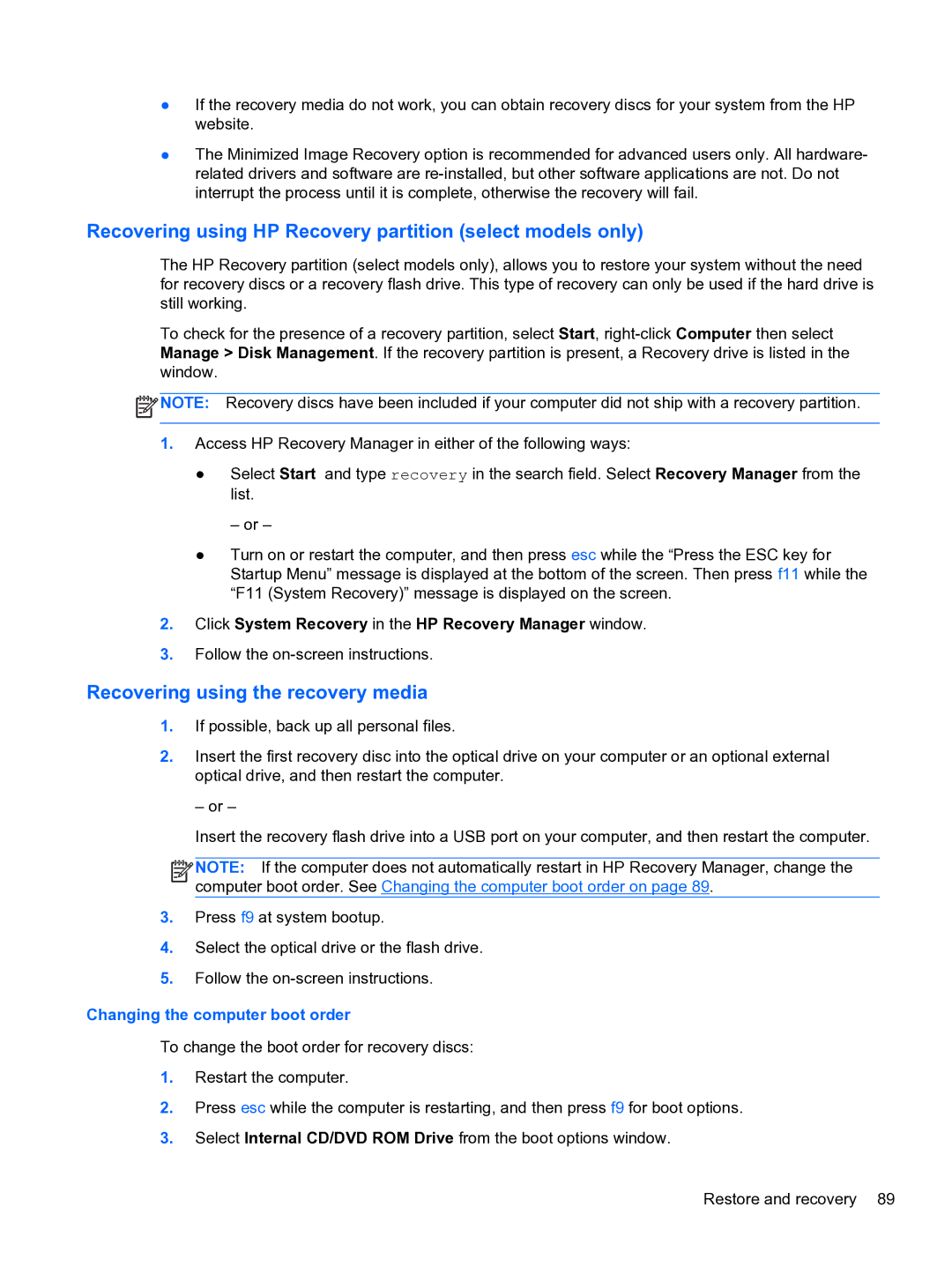 HP g6-2111us manual Recovering using HP Recovery partition select models only 