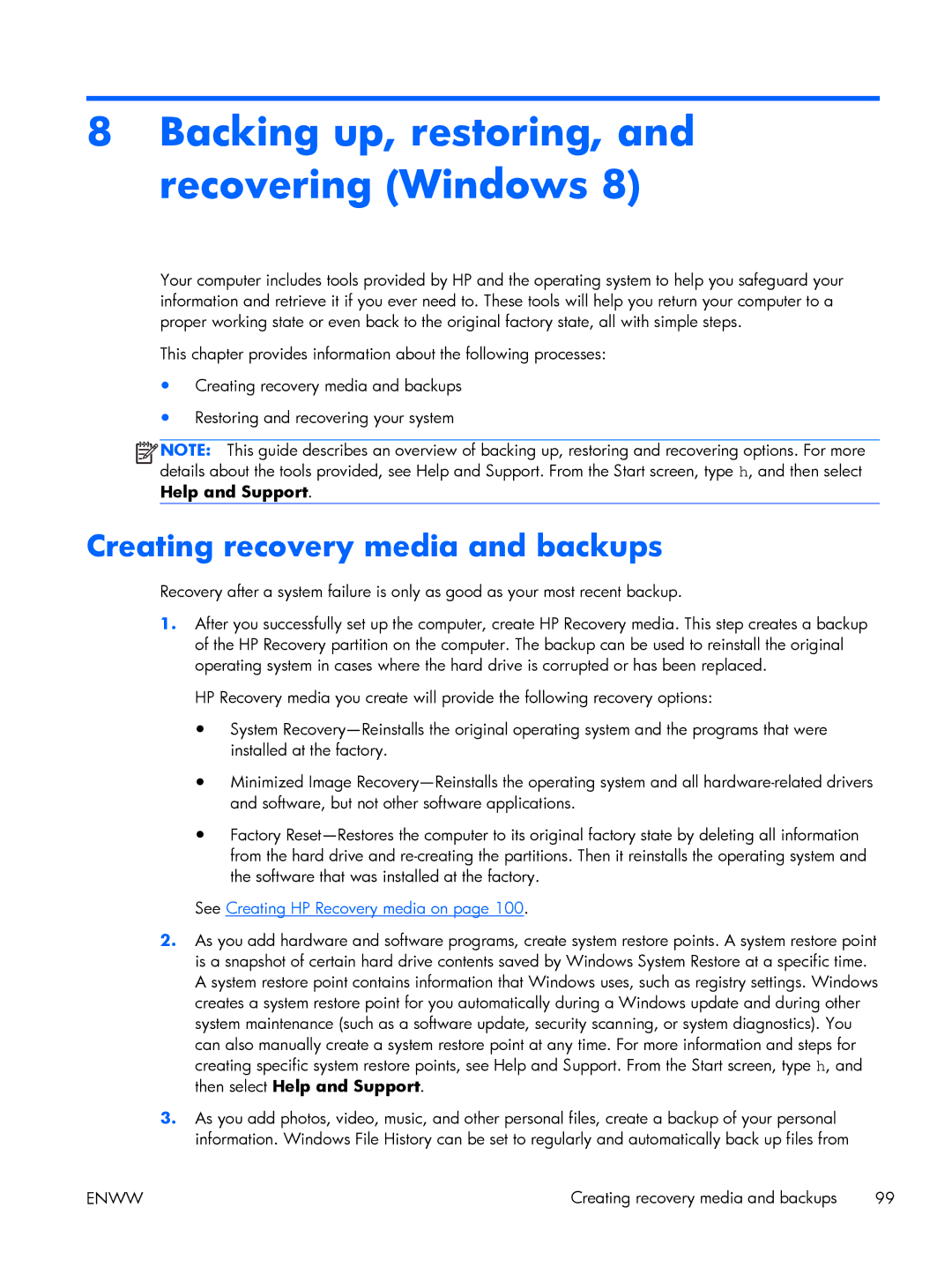 HP g6 C2N47UARABA manual Backing up, restoring, and recovering Windows, Creating recovery media and backups 