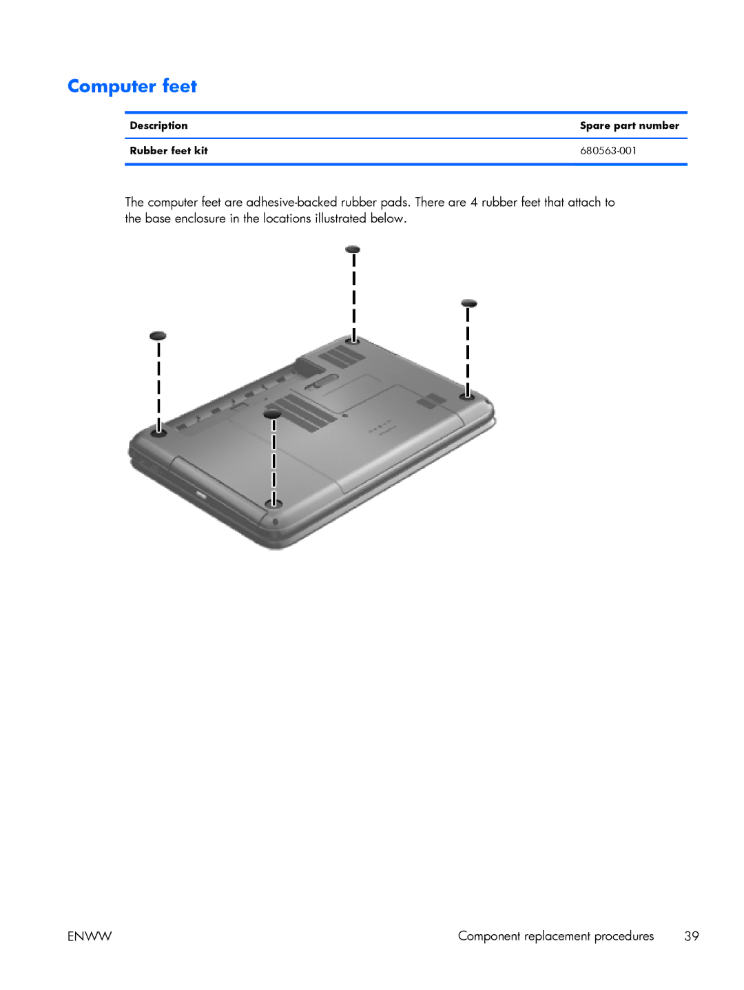 HP g6 C2N47UARABA, G6-2249wm C2N47UARABA manual Computer feet, Description Spare part number Rubber feet kit 680563-001 