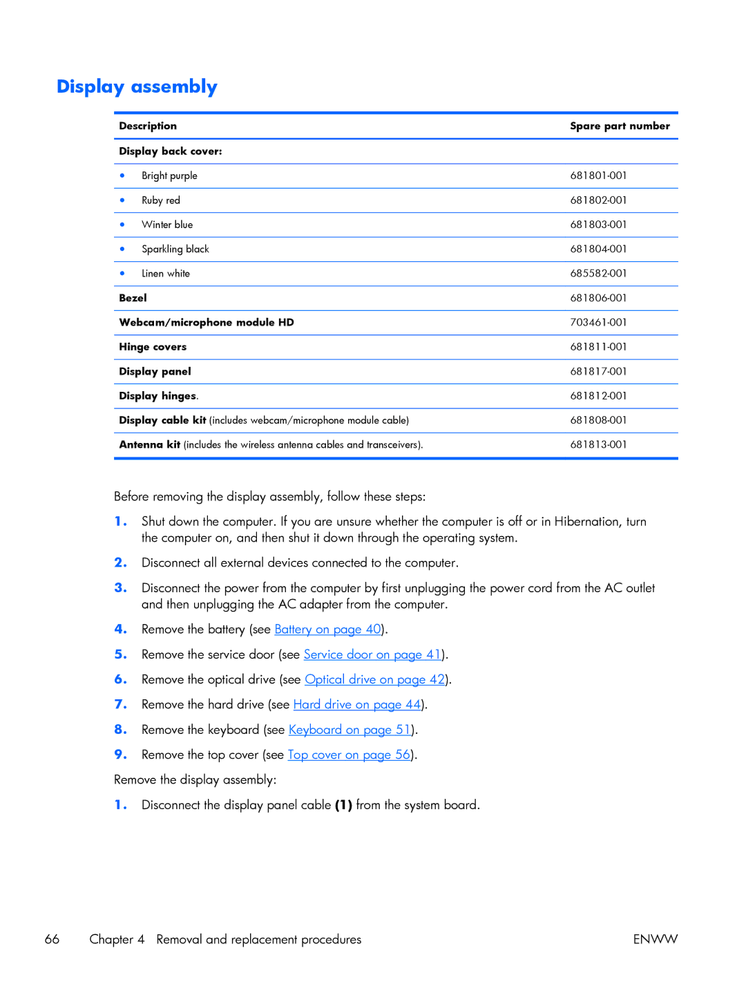HP g6 C2N47UARABA Display assembly, Description Spare part number Display back cover, Bezel, Hinge covers, Display hinges 