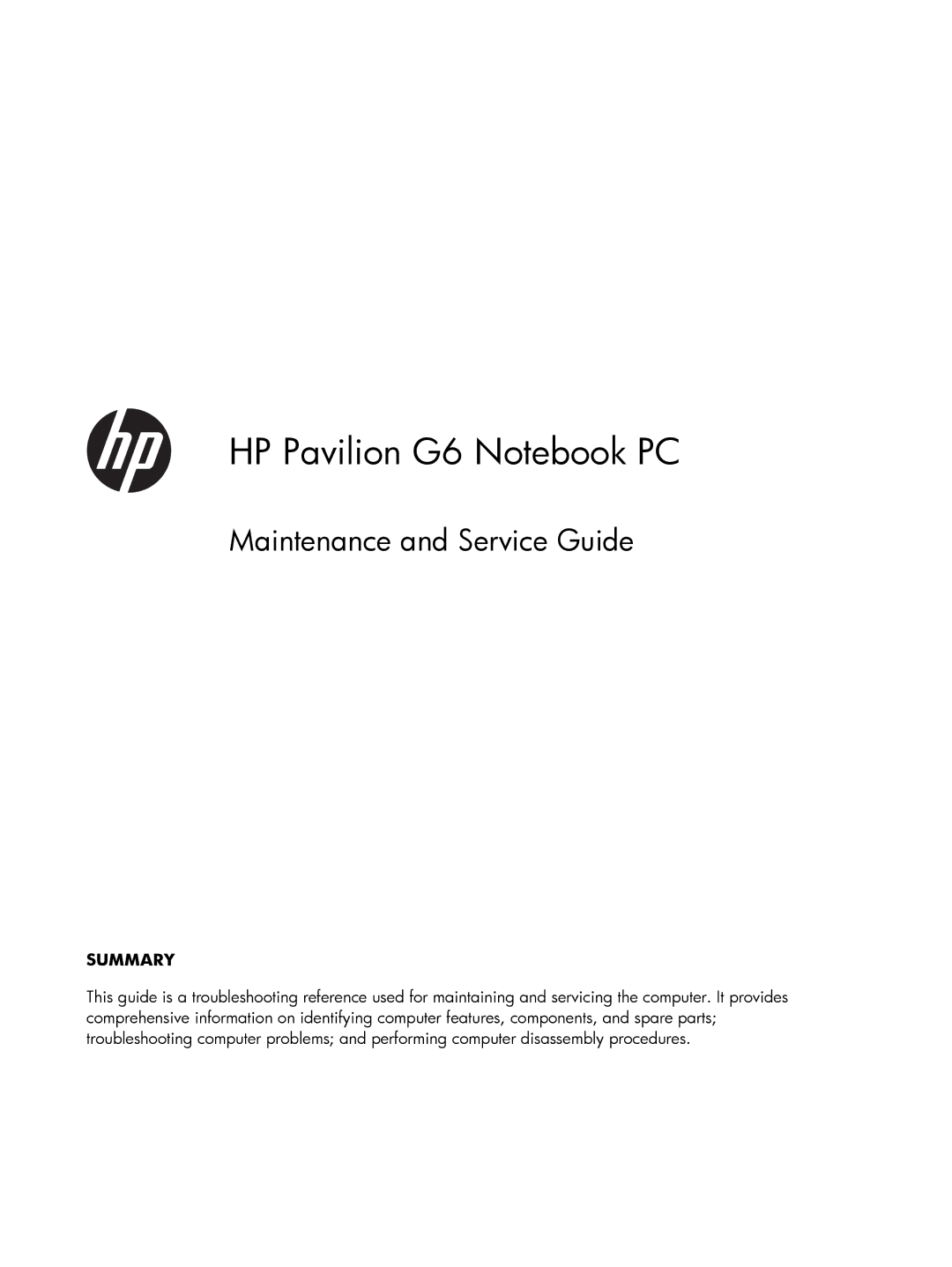 HP G6 B9P54UA manual HP Pavilion G6 Notebook PC 