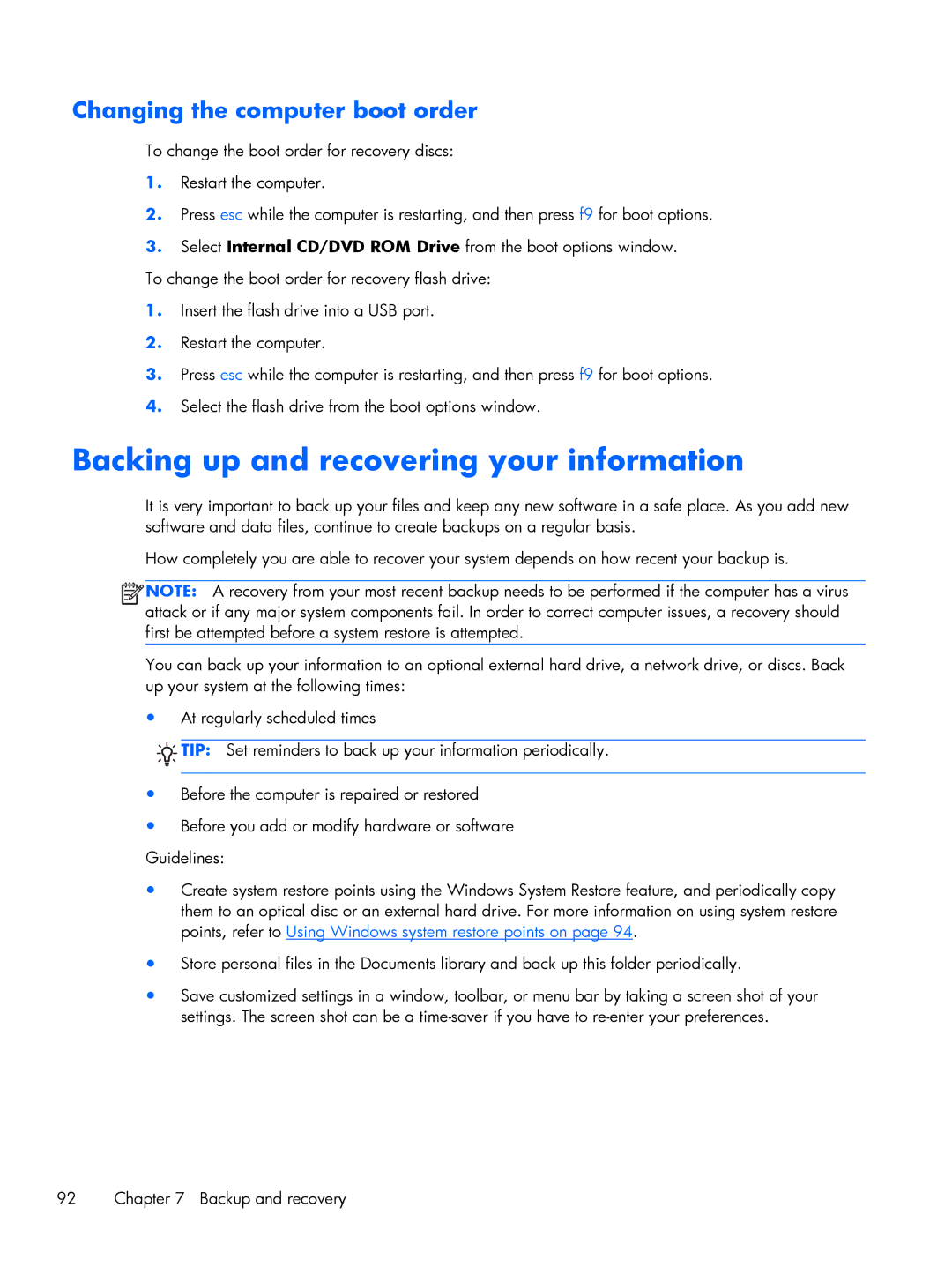 HP G6 B9P54UA manual Backing up and recovering your information, Changing the computer boot order 