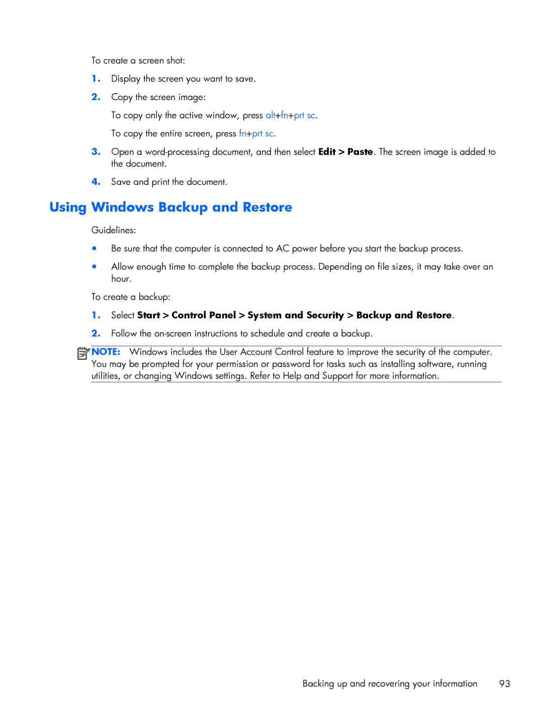 HP G6 B9P54UA manual Using Windows Backup and Restore 