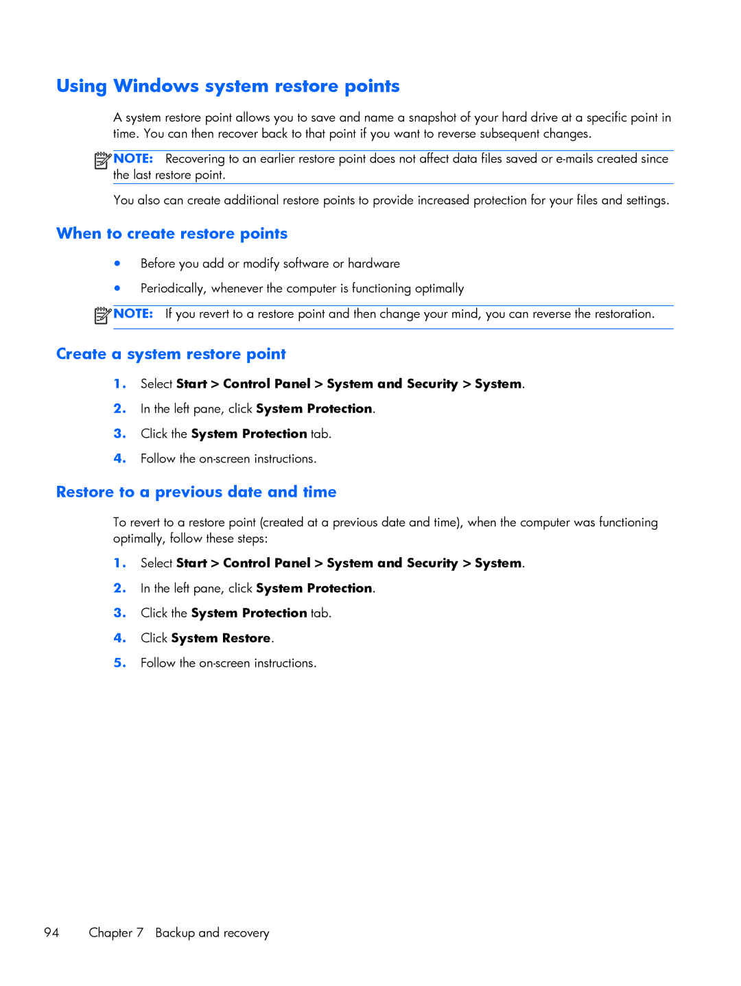 HP G6 B9P54UA manual Using Windows system restore points, When to create restore points 