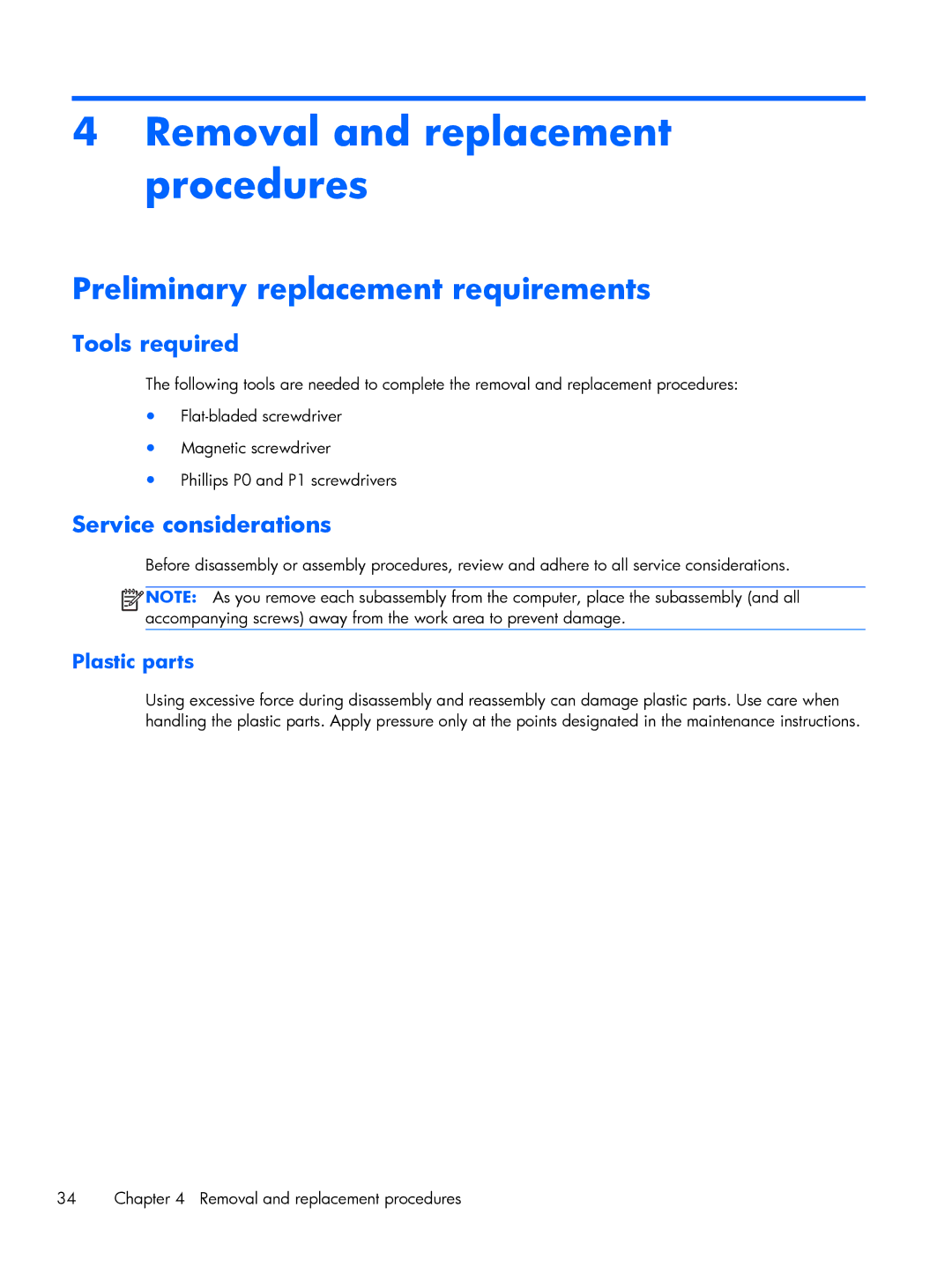 HP G6 B9P54UA manual Removal and replacement procedures, Preliminary replacement requirements, Tools required 