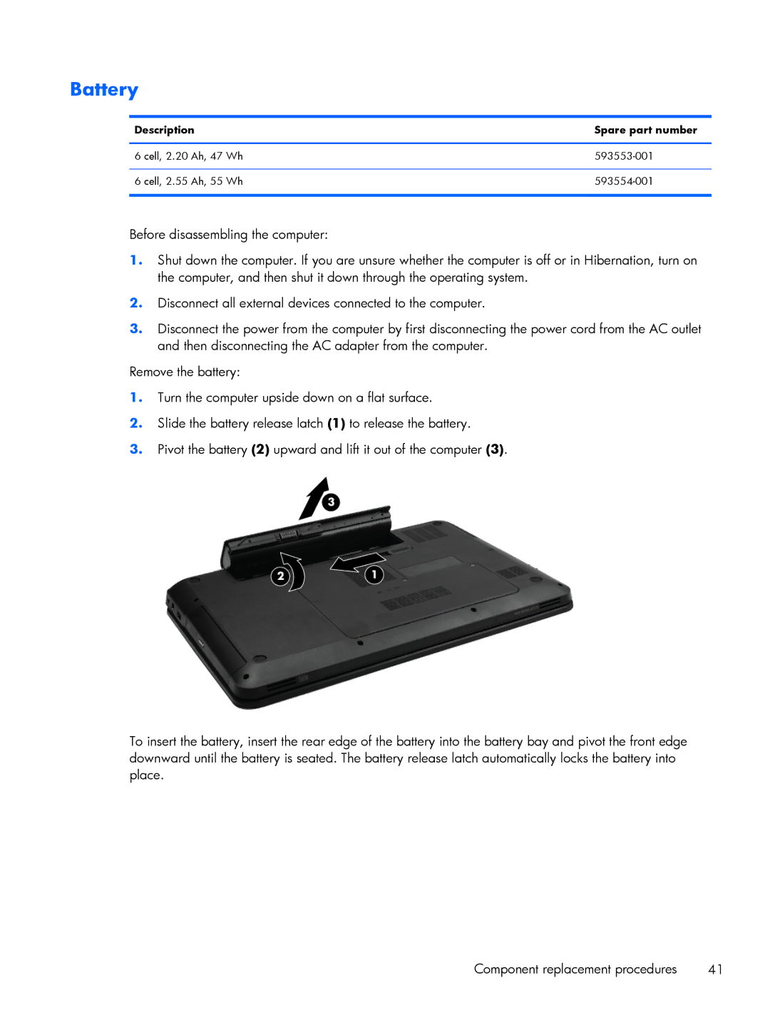 HP G6 B9P54UA manual Battery, Description Spare part number 