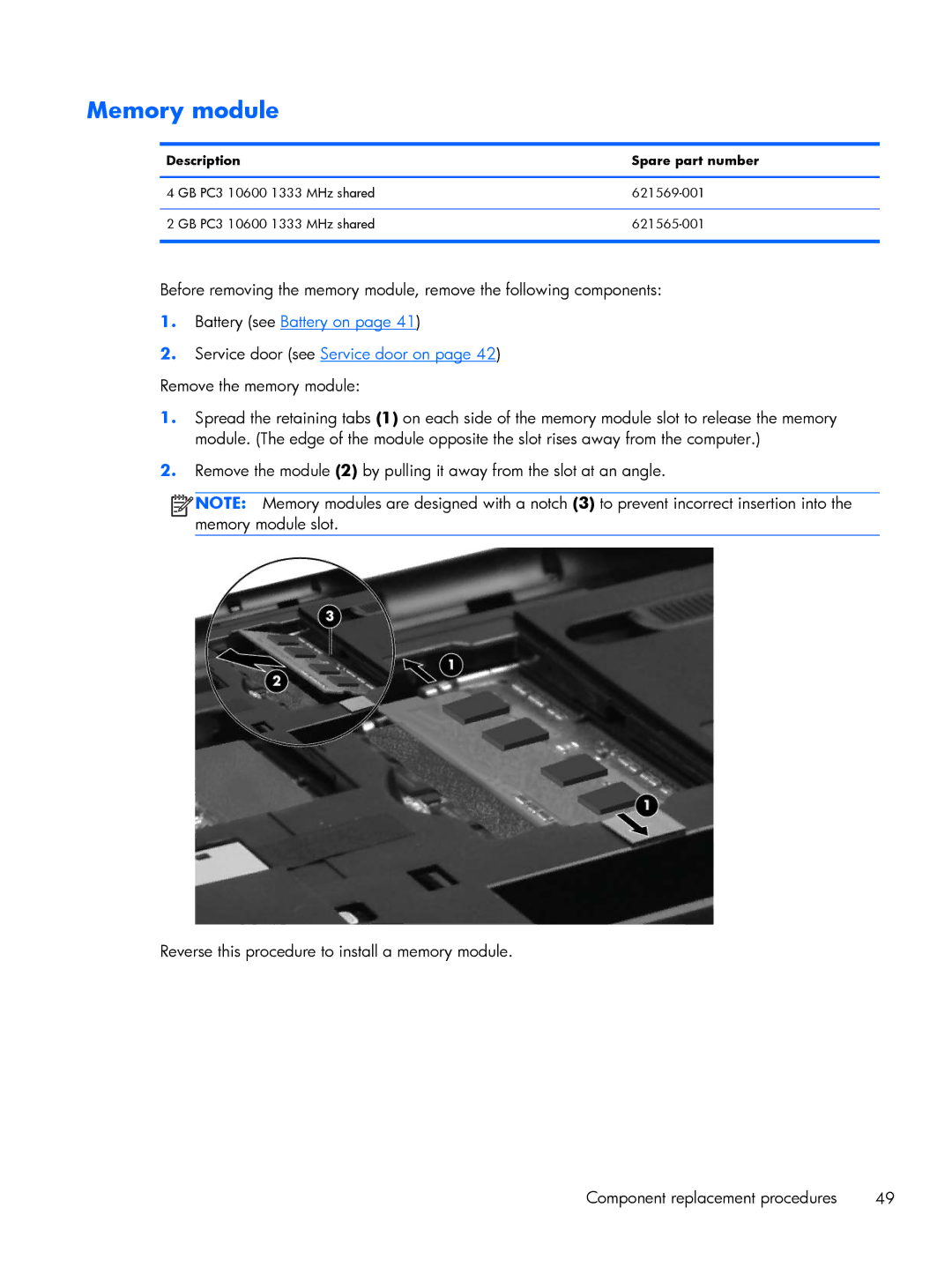 HP G6 B9P54UA manual Memory module 