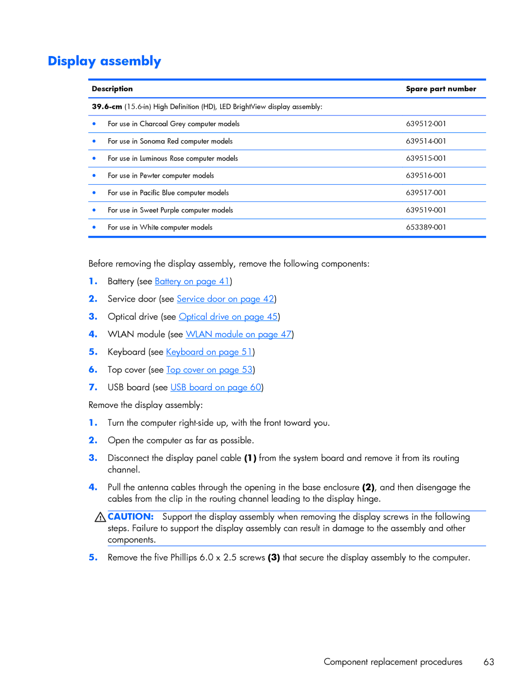 HP G6 B9P54UA manual Display assembly, Description Spare part number 