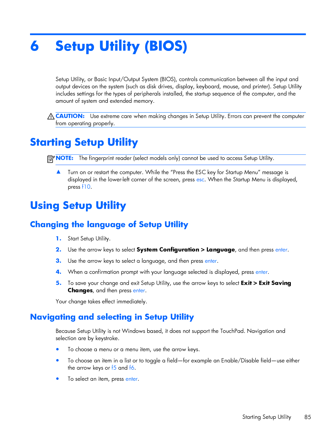 HP G6 B9P54UA Setup Utility Bios, Starting Setup Utility, Using Setup Utility, Changing the language of Setup Utility 