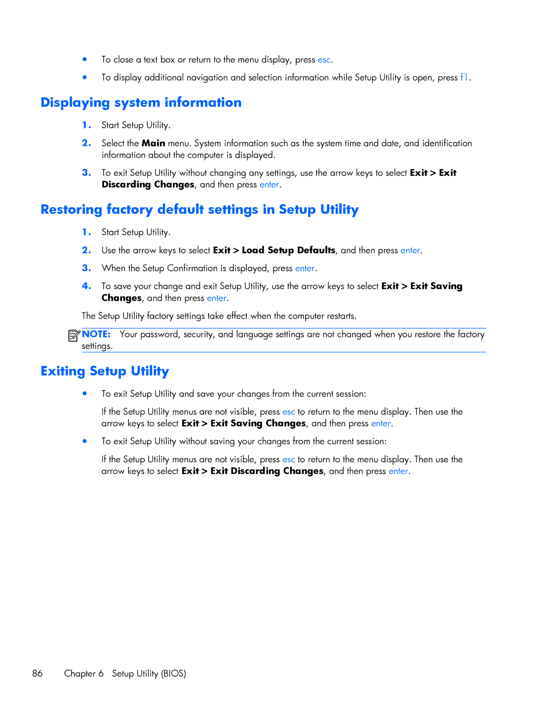 HP G6 B9P54UA Displaying system information, Restoring factory default settings in Setup Utility, Exiting Setup Utility 