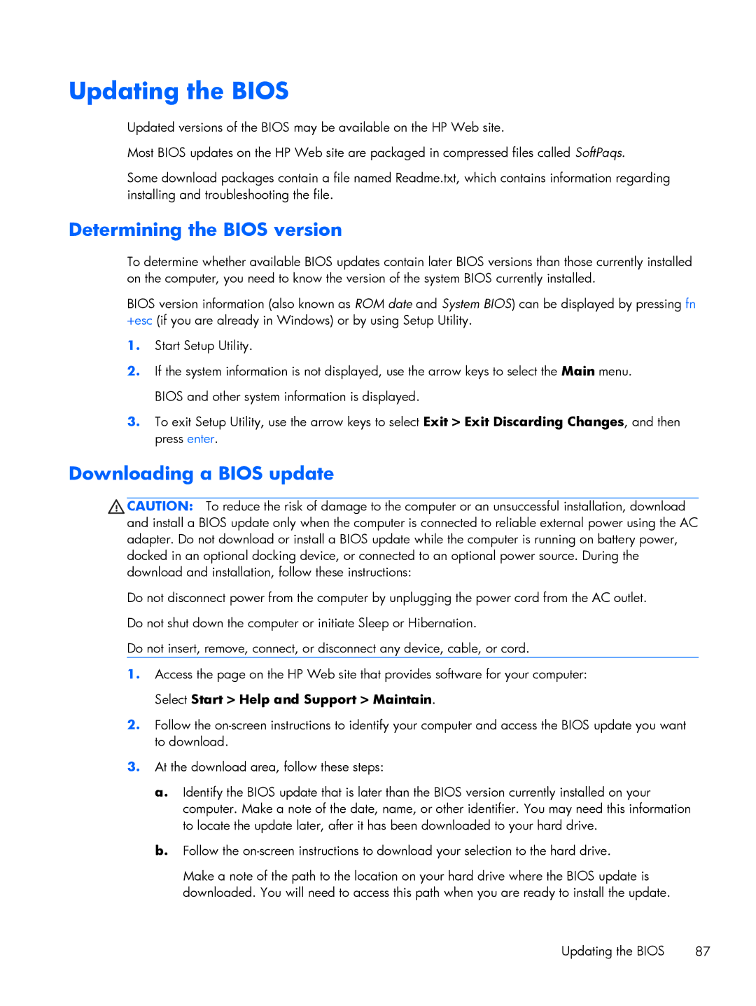 HP G6 B9P54UA manual Updating the Bios, Determining the Bios version, Downloading a Bios update 