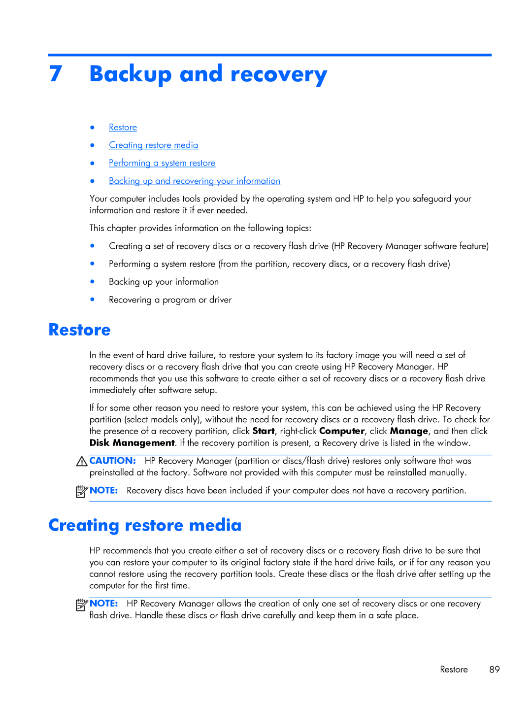 HP G6 B9P54UA manual Backup and recovery, Restore, Creating restore media 