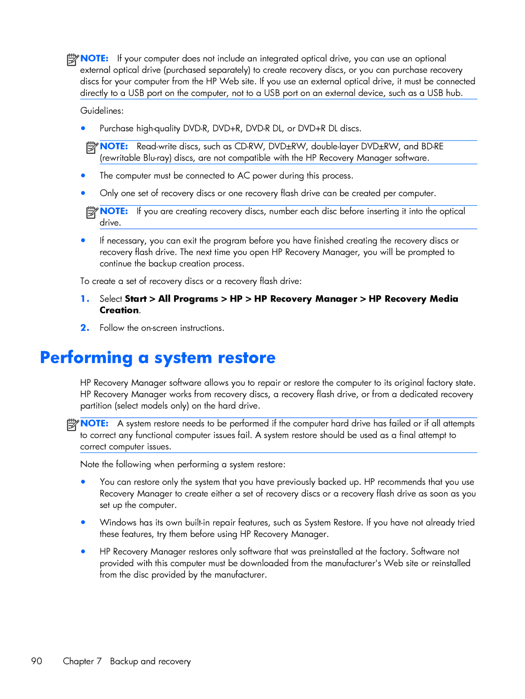 HP G6 B9P54UA manual Performing a system restore 