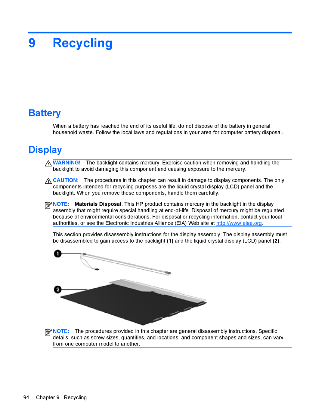 HP G6 manual Recycling, Battery 