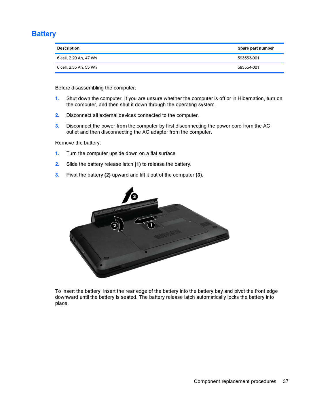 HP G6 manual Battery, Description Spare part number 