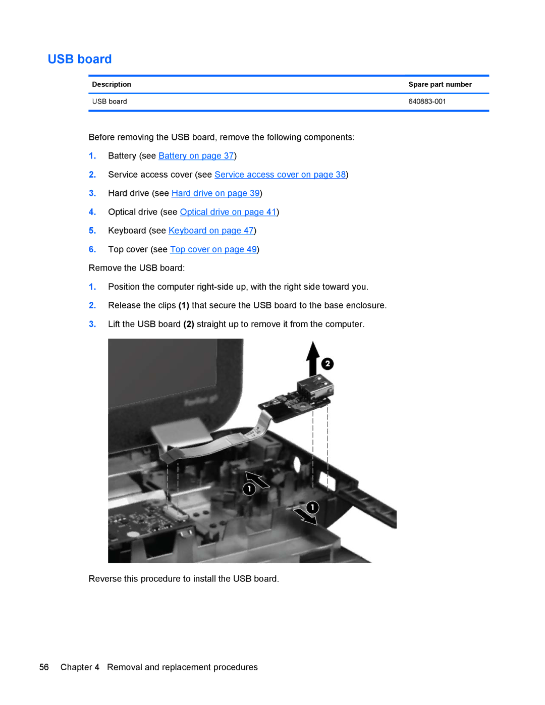 HP G6 manual Description Spare part number USB board 640883-001 