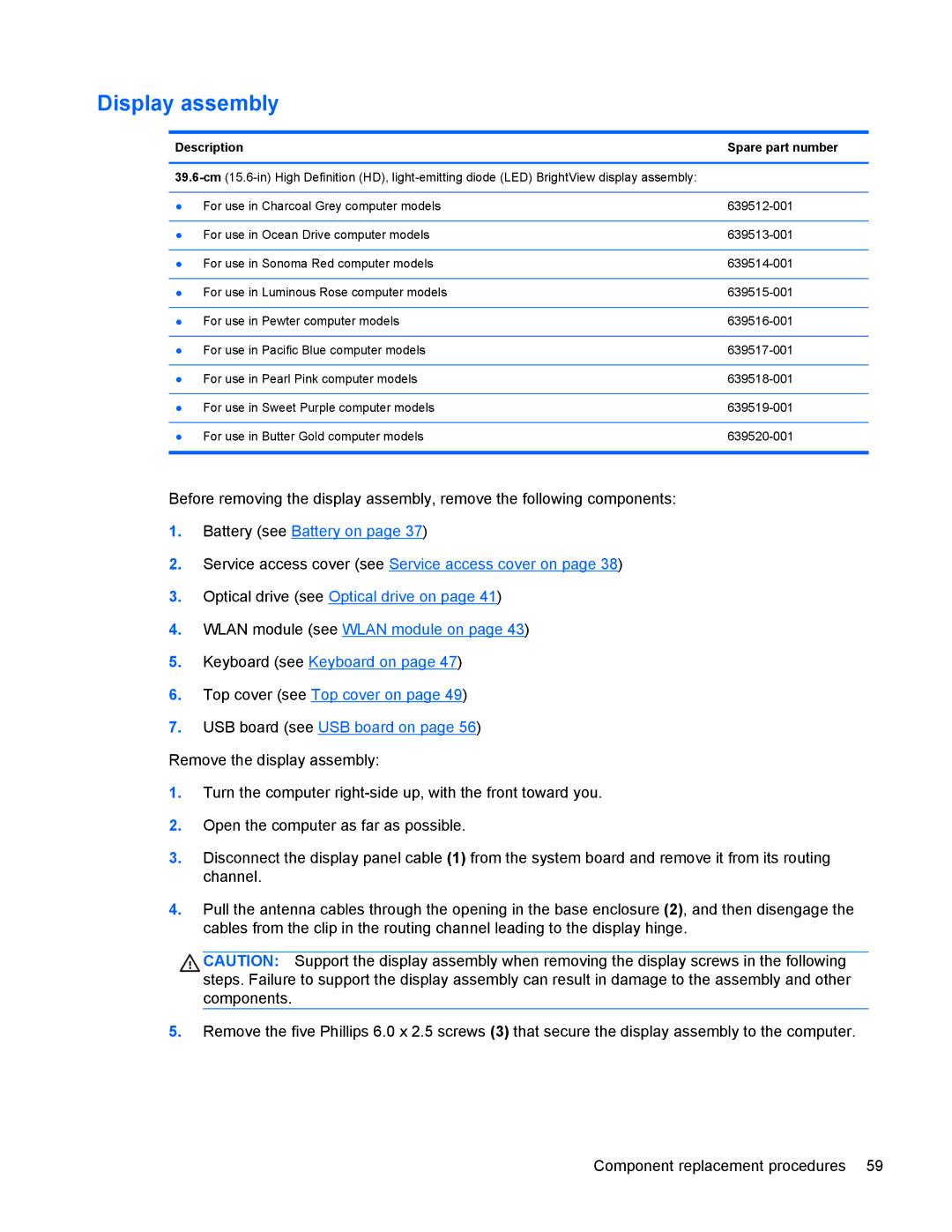 HP G6 manual Display assembly, Description Spare part number 