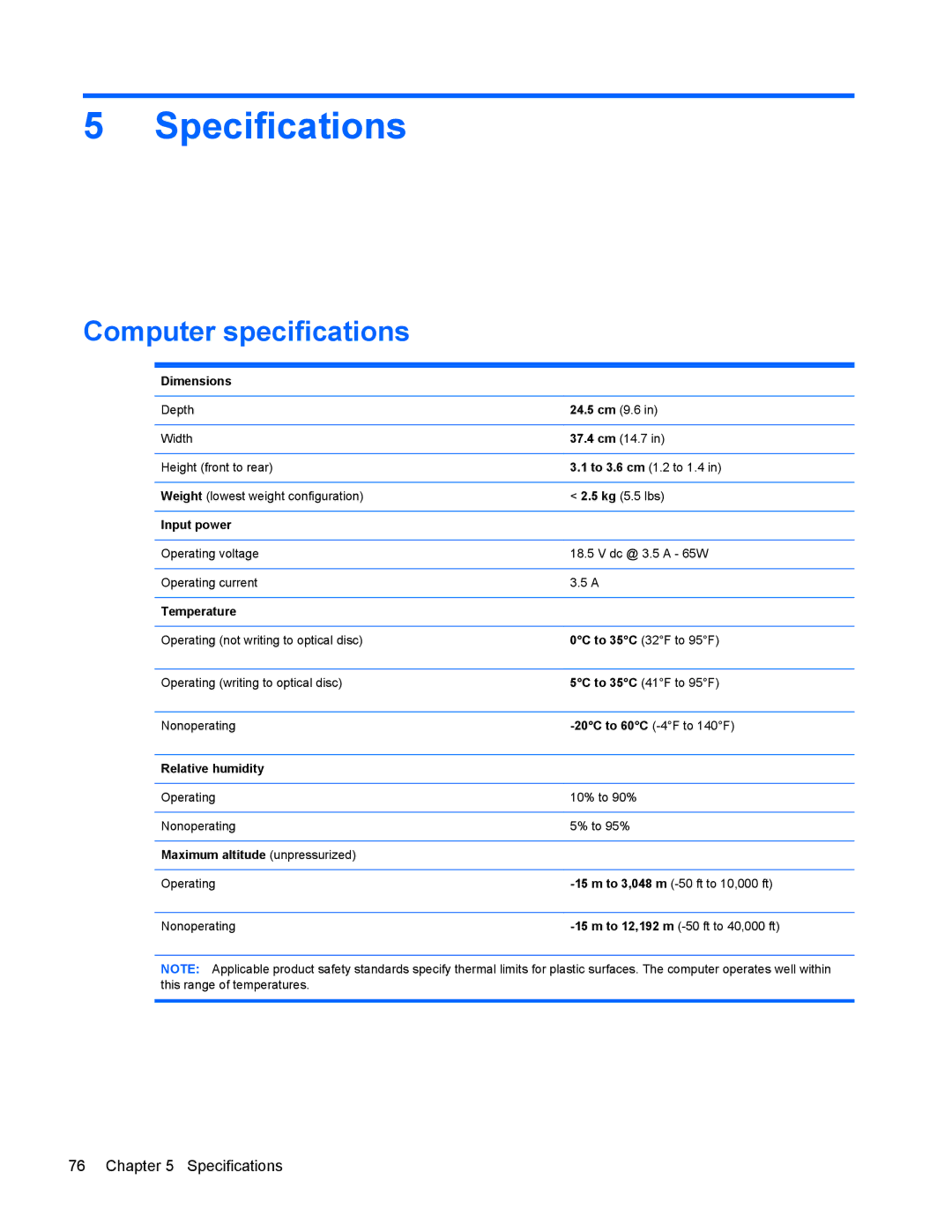 HP G6 manual Specifications, Computer specifications 