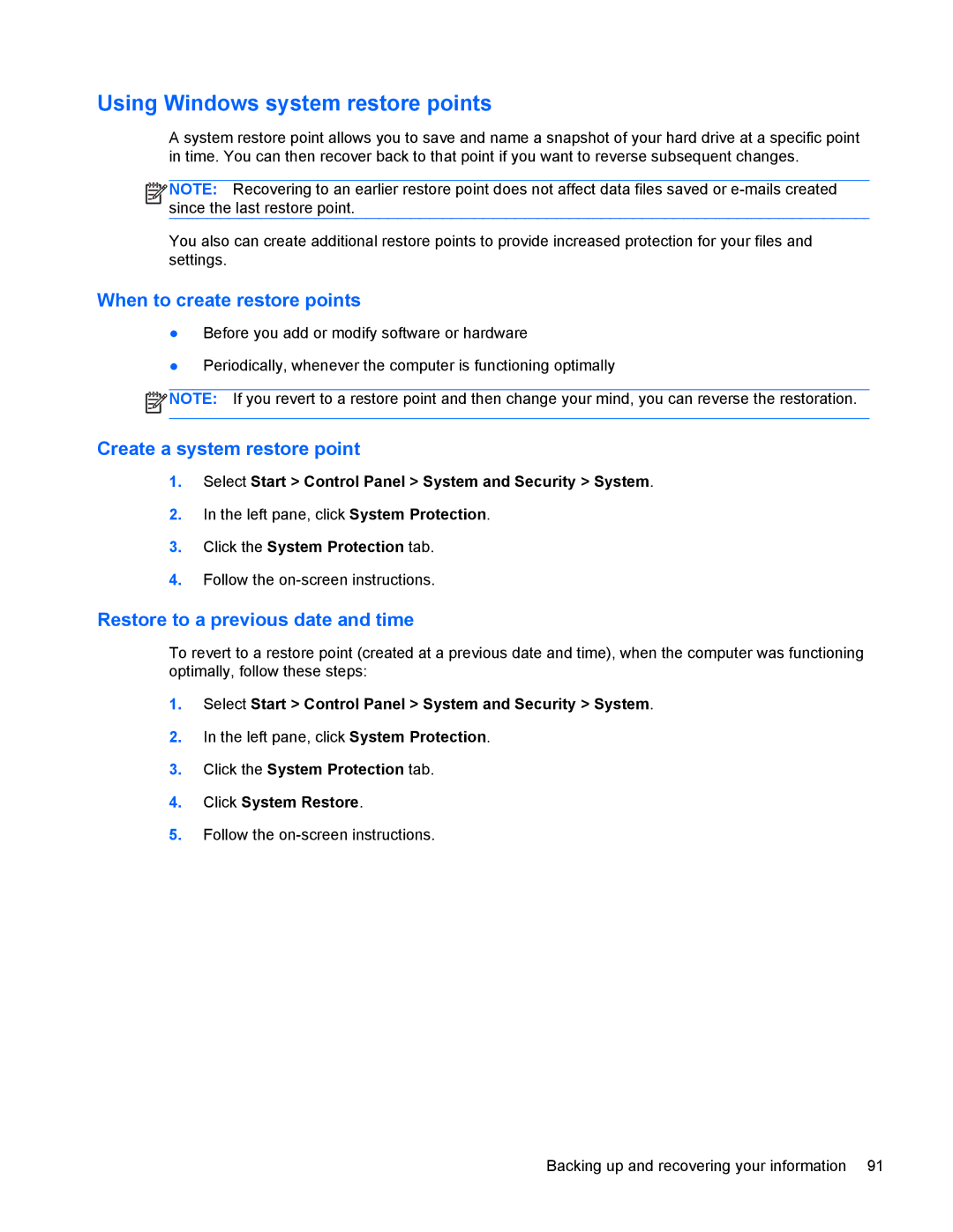 HP G6 manual Using Windows system restore points, When to create restore points 