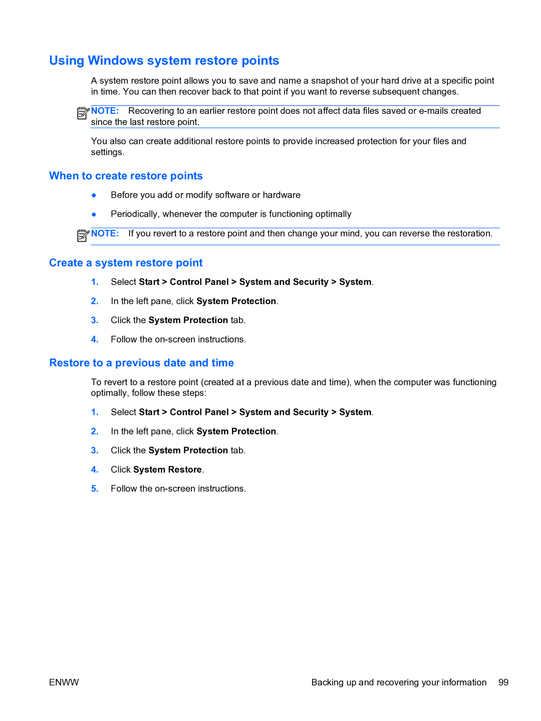 HP G6 manual Using Windows system restore points, When to create restore points 