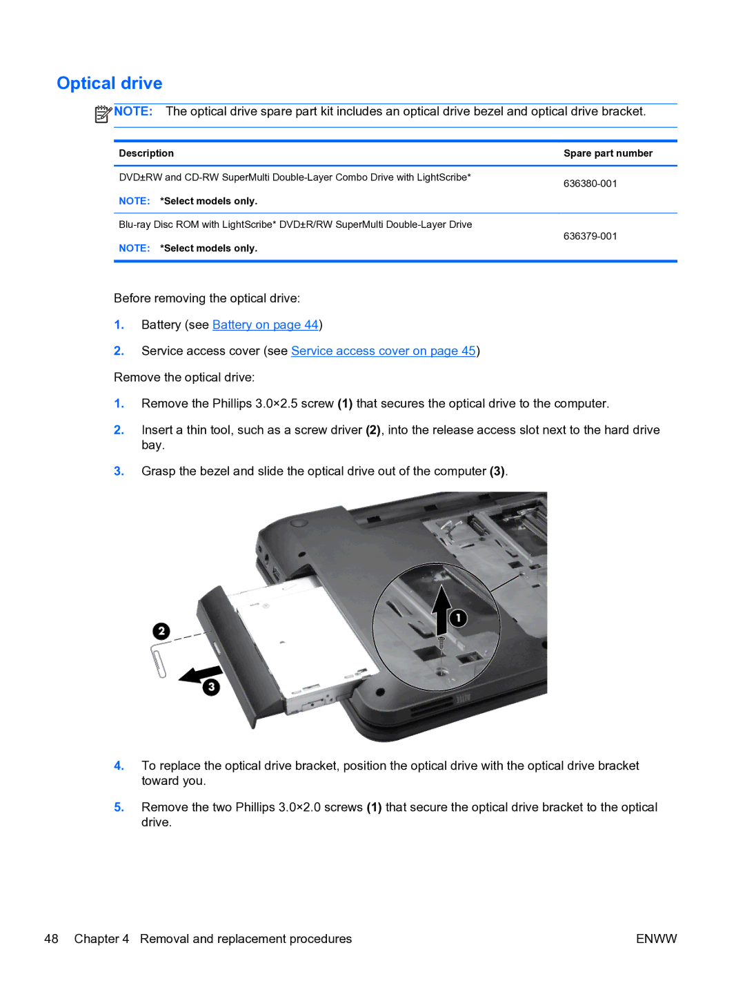 HP G6 manual Optical drive, Select models only 