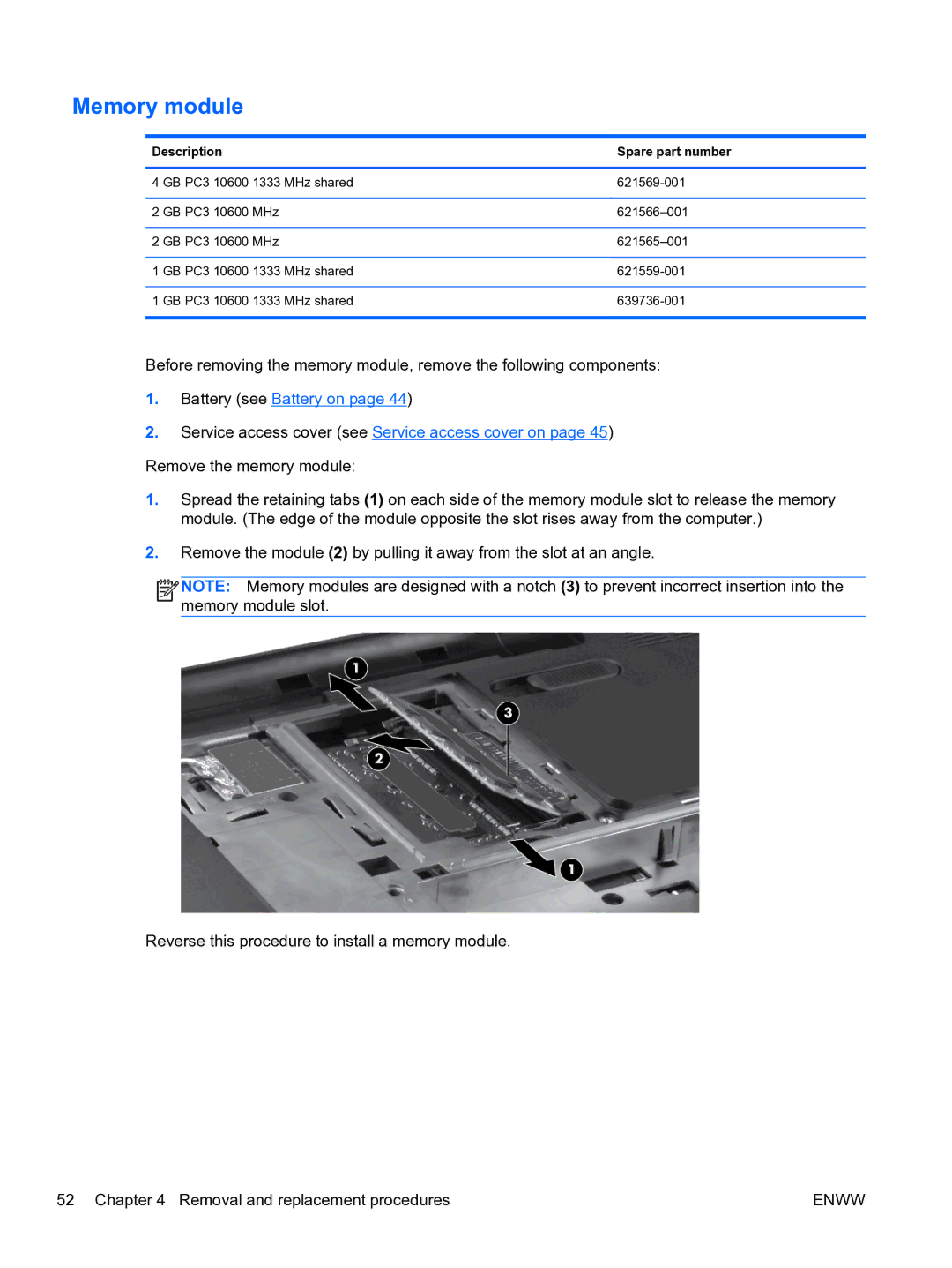 HP G6 manual Memory module 