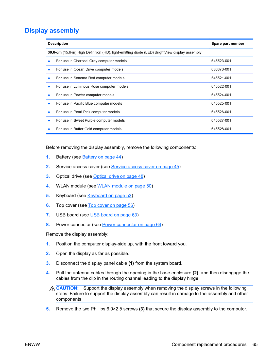 HP G6 manual Display assembly, Description Spare part number 