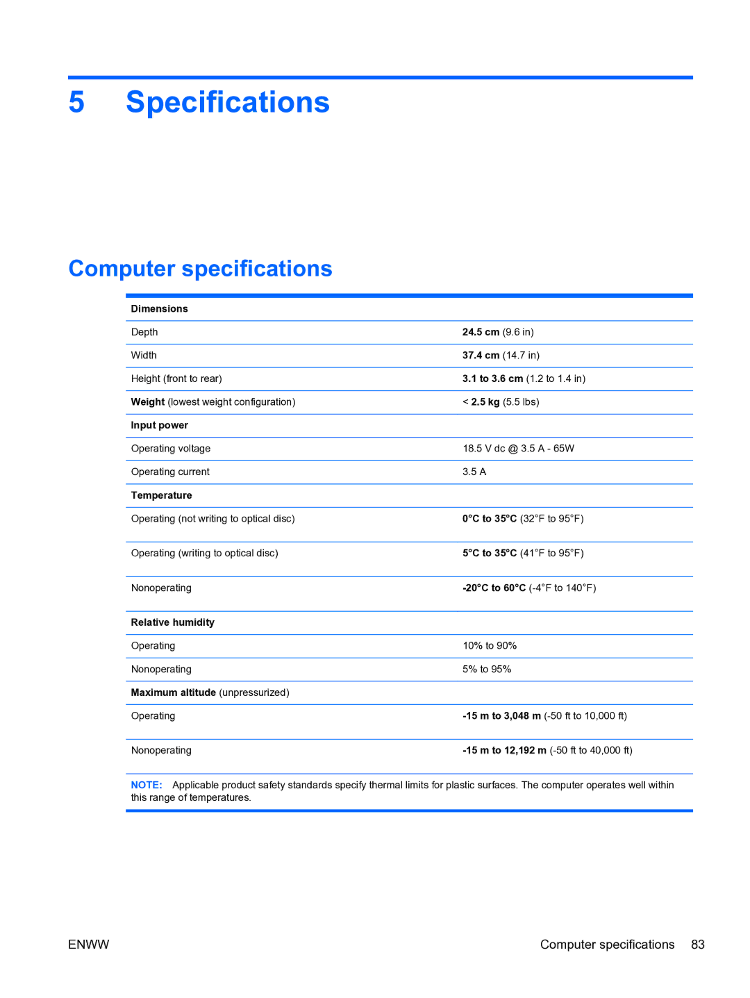 HP G6 manual Specifications, Computer specifications 