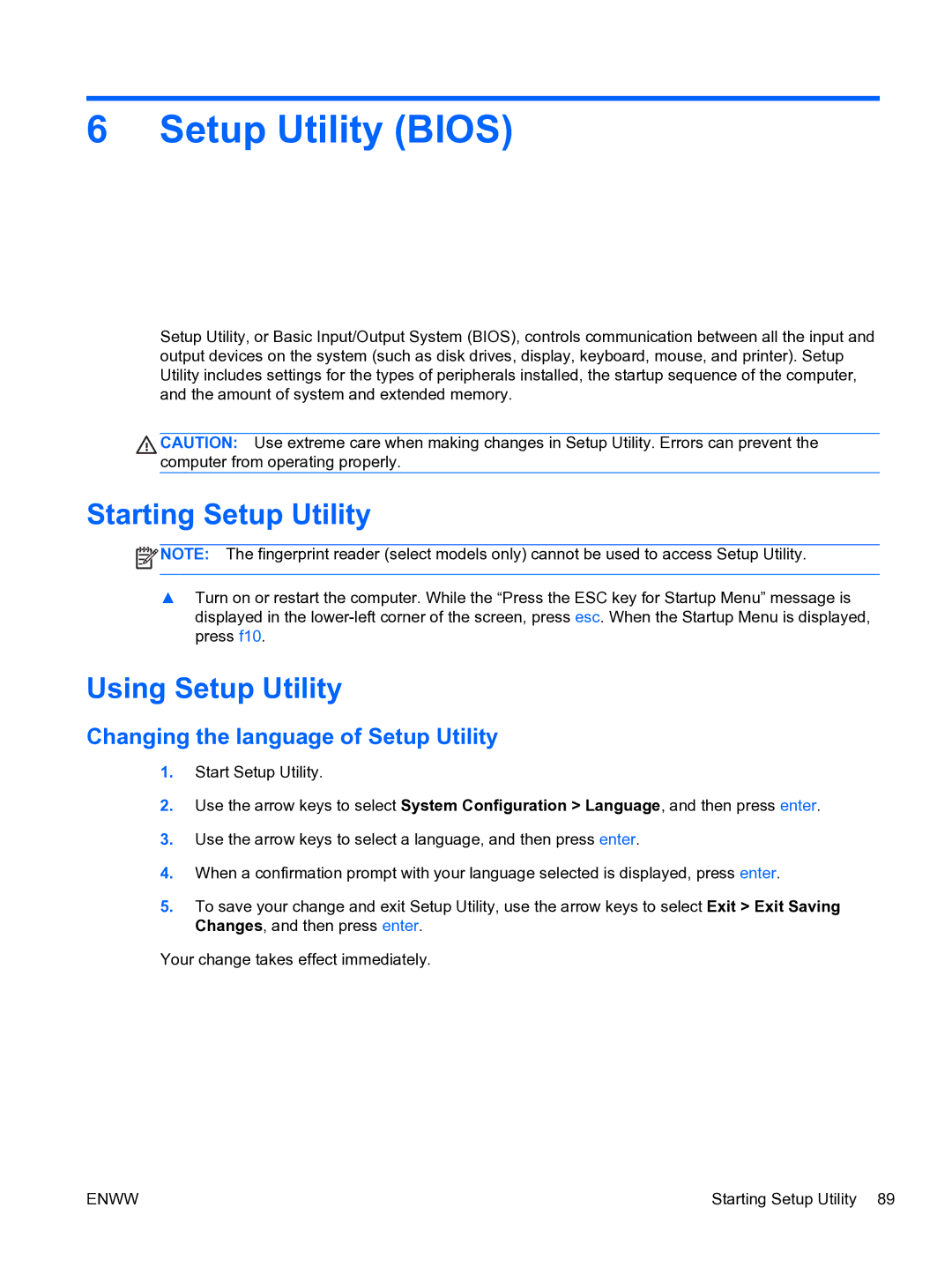 HP G6 manual Setup Utility Bios, Starting Setup Utility, Using Setup Utility, Changing the language of Setup Utility 