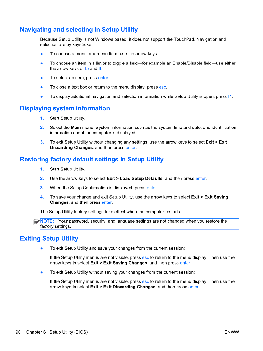 HP G6 manual Navigating and selecting in Setup Utility, Displaying system information, Exiting Setup Utility 