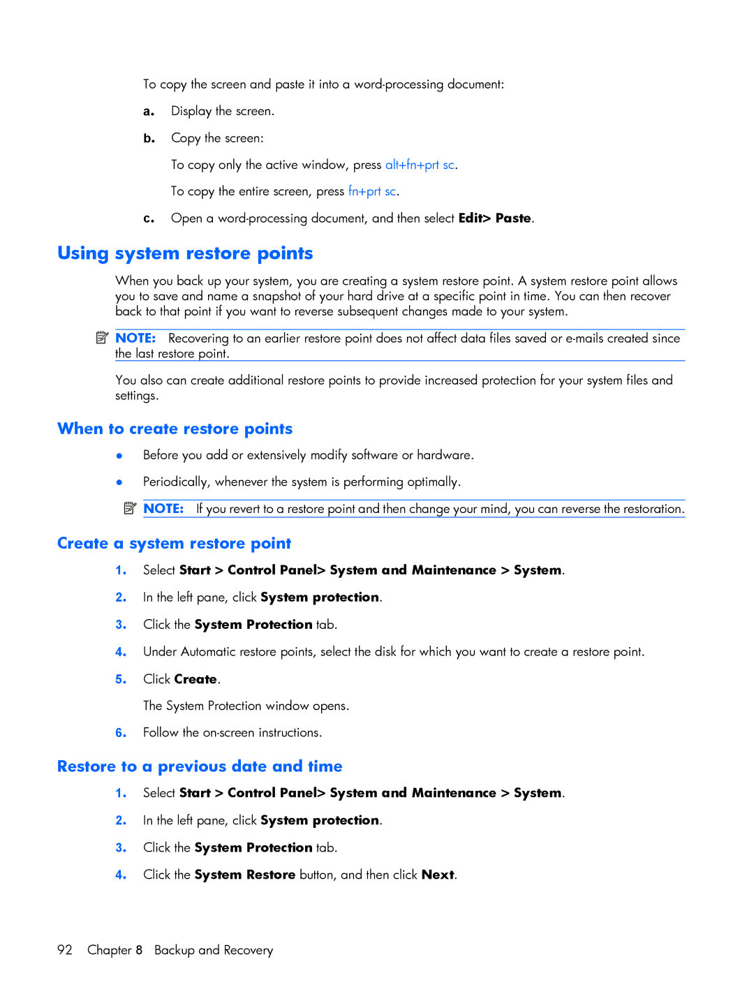 HP G6000 manual Using system restore points, When to create restore points 