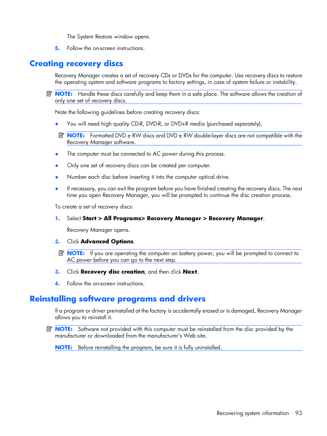 HP G6000 manual Creating recovery discs, Reinstalling software programs and drivers 