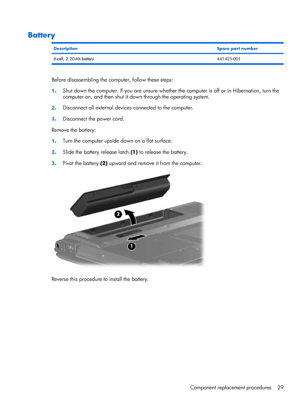 HP G6000 manual Battery, Description Spare part number 