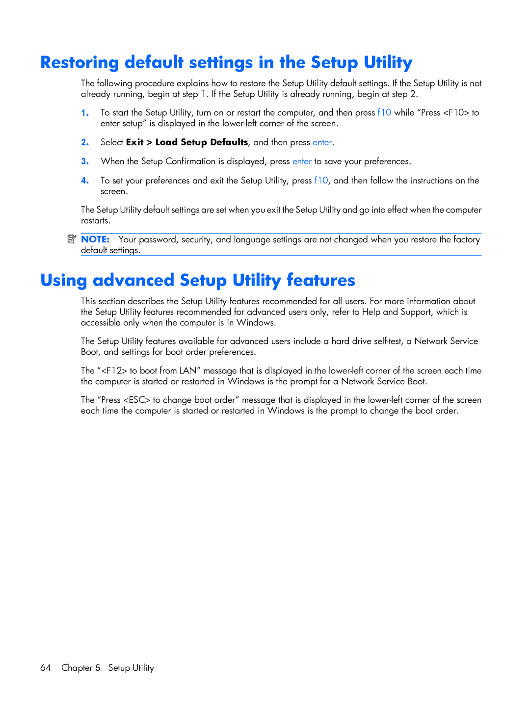 HP G6000 manual Restoring default settings in the Setup Utility, Using advanced Setup Utility features 