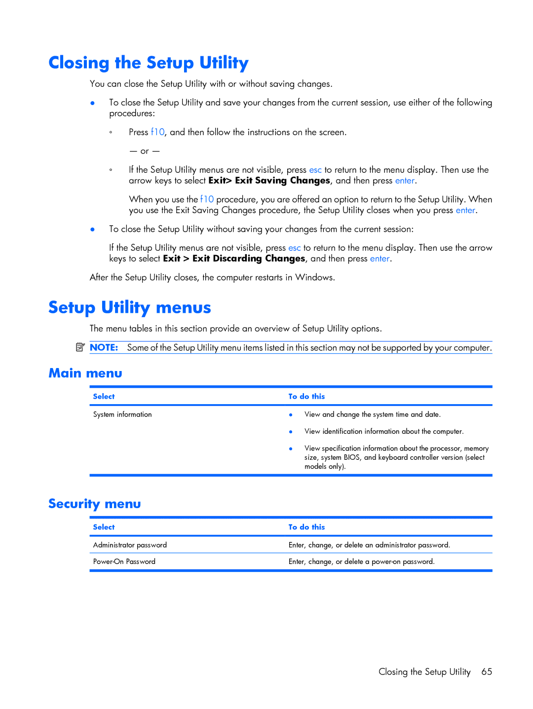 HP G6000 manual Closing the Setup Utility, Setup Utility menus, Main menu, Security menu, Select To do this 