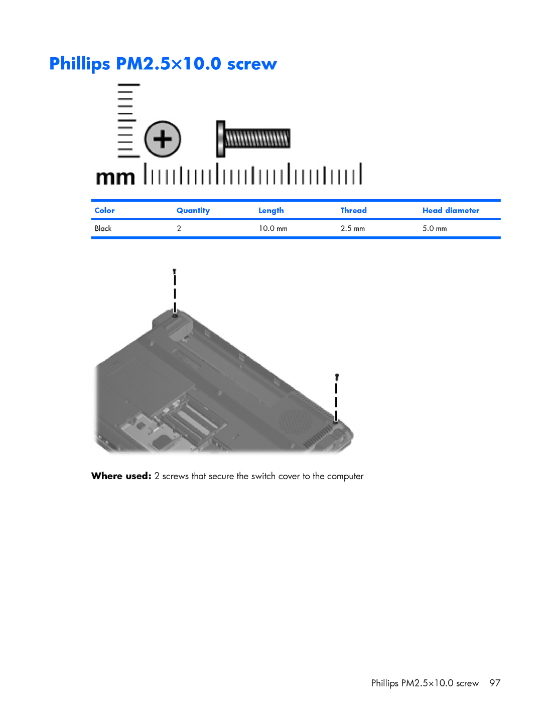 HP G6000 manual Phillips PM2.5×10.0 screw, Color Quantity Length Thread Head diameter Black 10.0 mm 