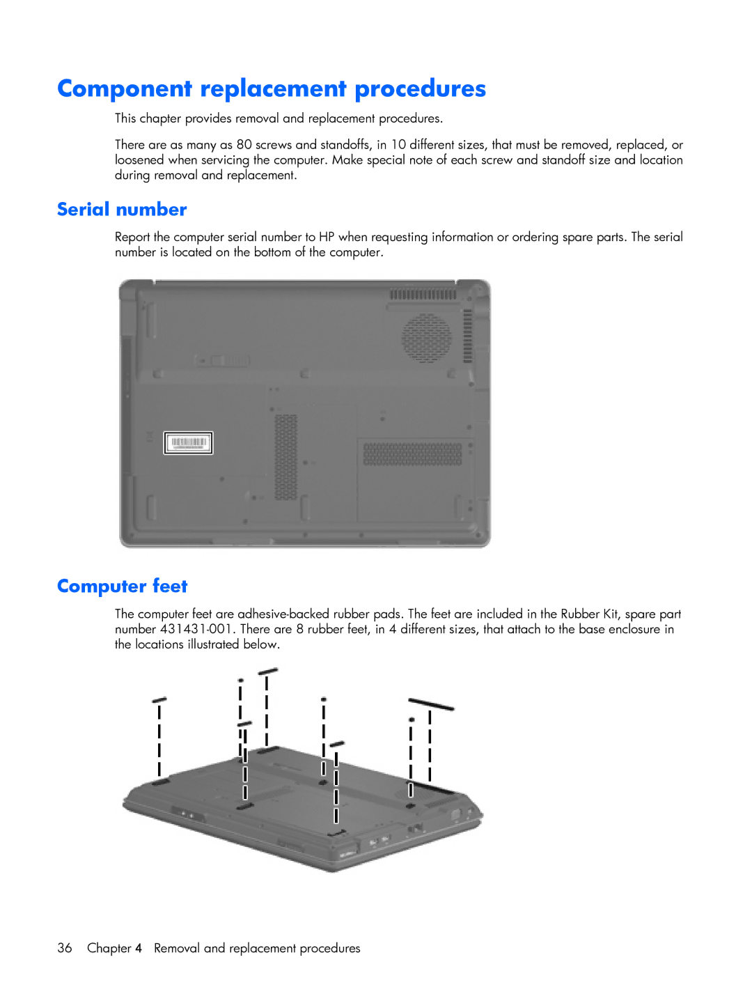 HP G6000 manual Component replacement procedures, Serial number, Computer feet 