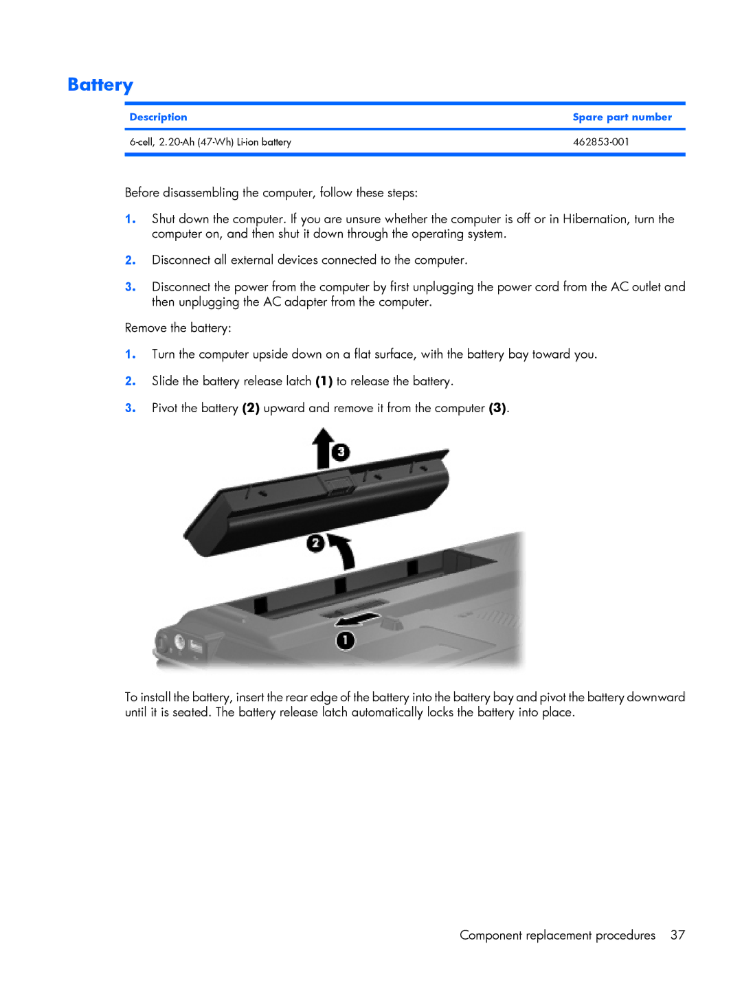 HP G6000 manual Battery, Description Spare part number 