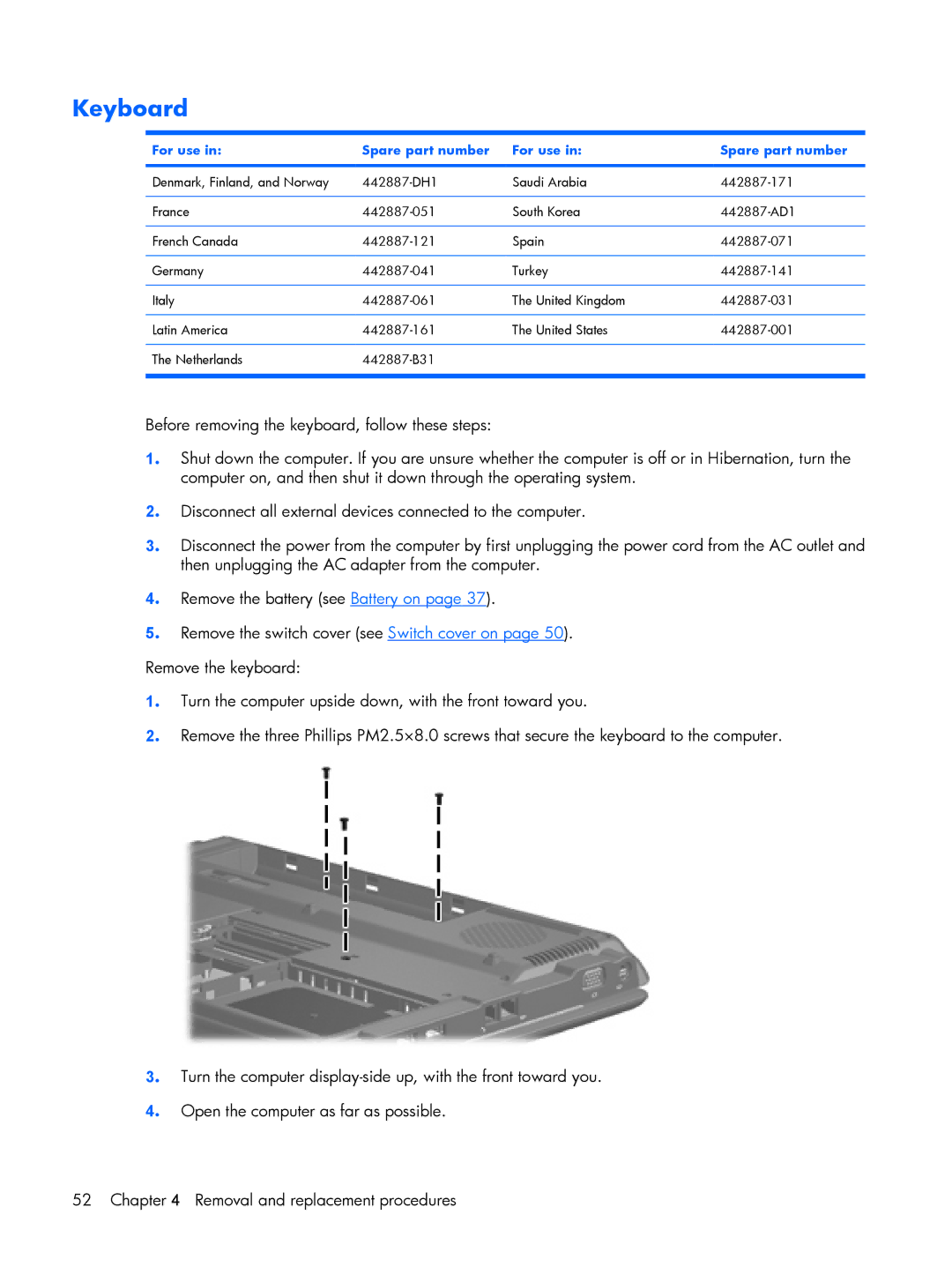 HP G6000 manual Keyboard, For use Spare part number 