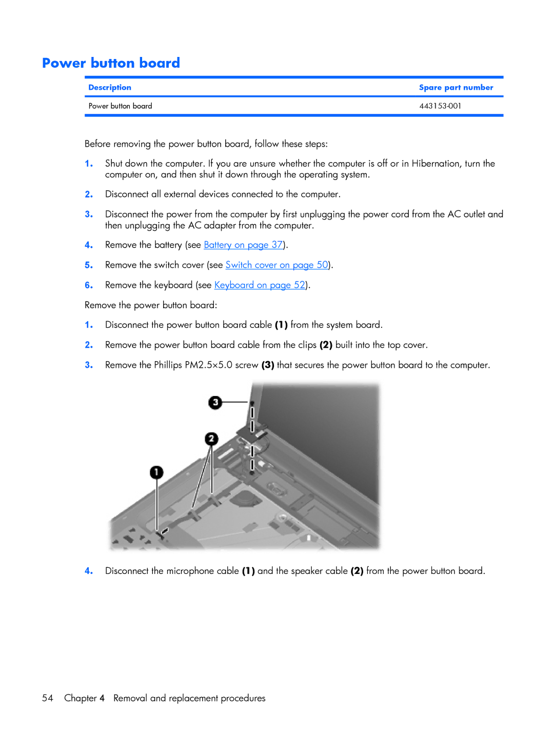 HP G6000 manual Description Spare part number Power button board 443153-001 