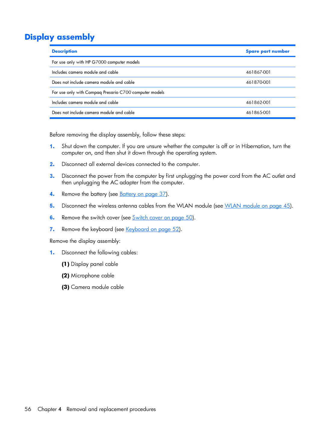 HP G6000 manual Display assembly, Description Spare part number 